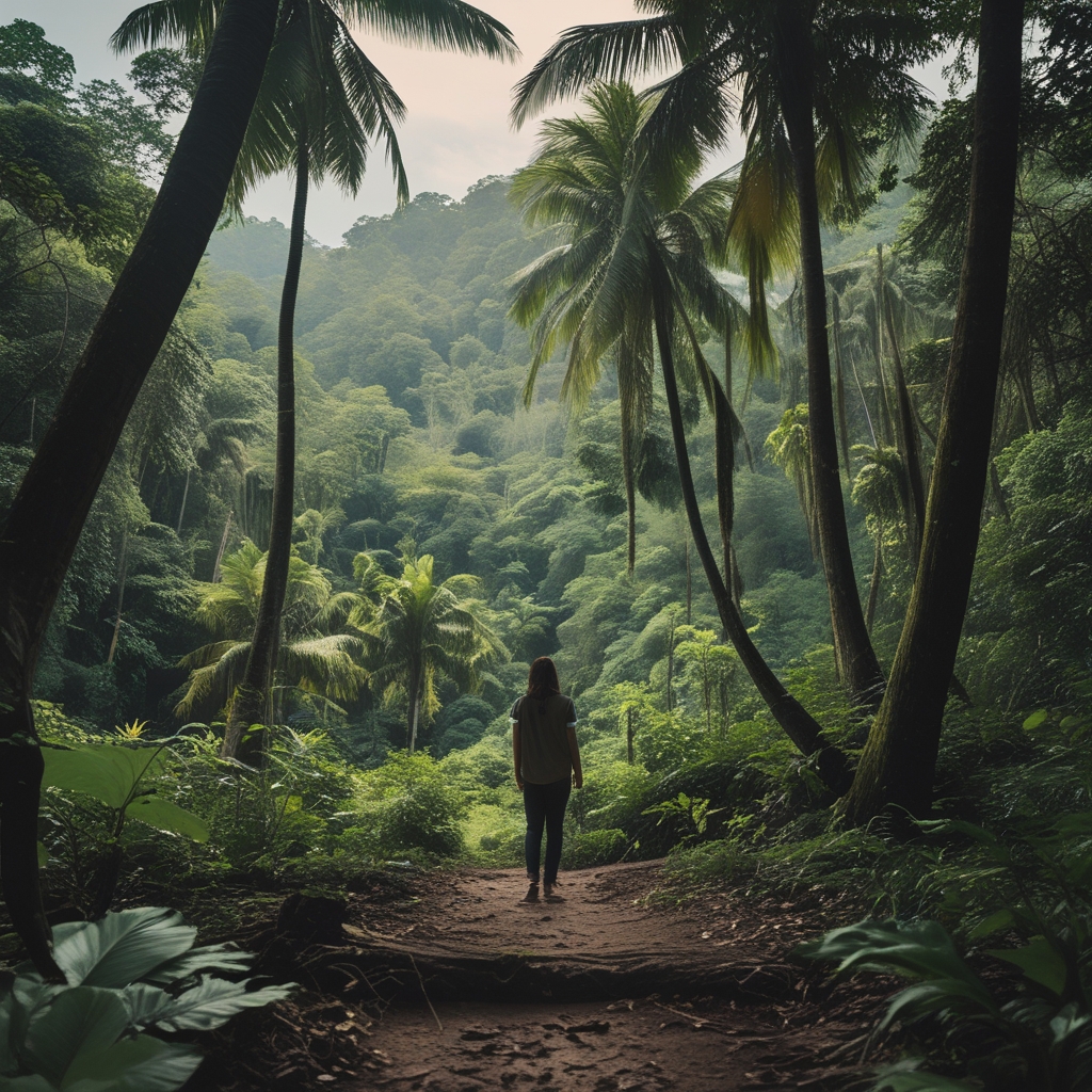 Pemandangan hutan tropis lebat dengan sinar matahari menembus kanopi daun hijau, batang pohon besar menjulang tinggi, suasana tenang dan alami