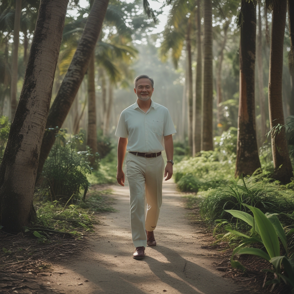 Seorang pria paruh baya sedang berjalan santai di antara pepohonan hijau rindang di taman alam terbuka, suasana tenang dan segar di pagi hari