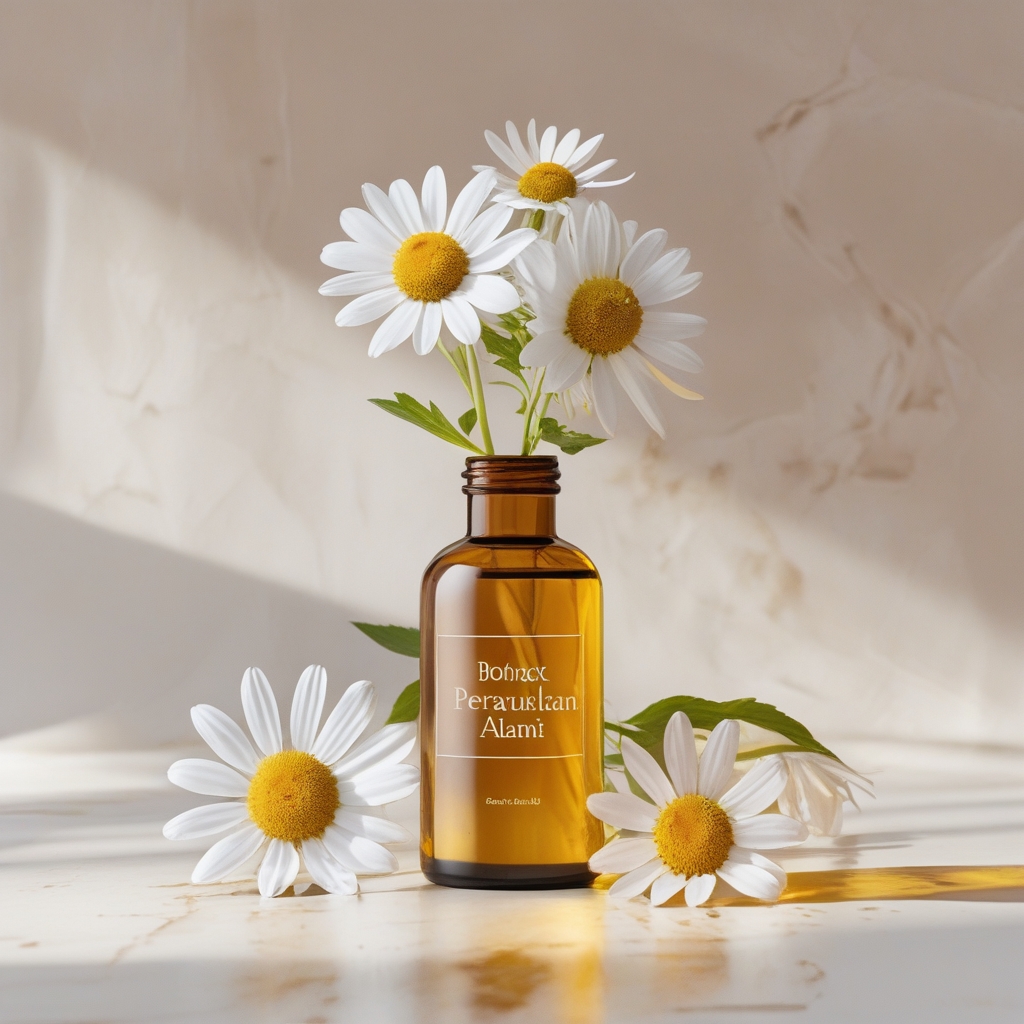 Botol kaca kecil berisi minyak alami, irisan lidah buaya segar, dan bunga chamomile kering tersusun estetis di atas permukaan marmer putih