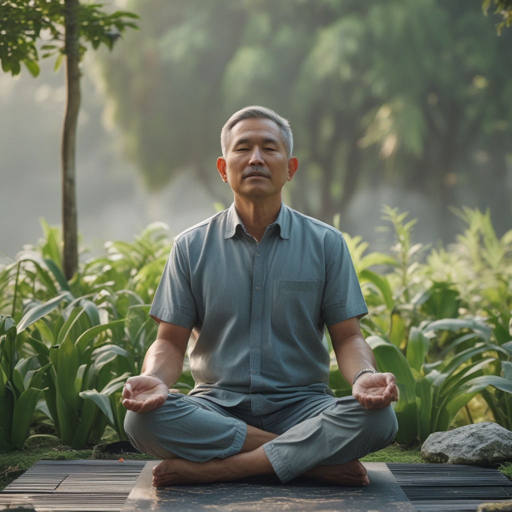Pria berusia sekitar 45 tahun sedang bermeditasi dengan tenang di taman terbuka yang dikelilingi tanaman hijau rimbun, duduk di atas batu alam, ekspresi damai